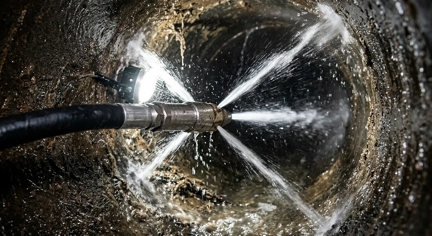 High-pressure hydro jetting nozzle cleaning sewer pipe for Emergency Drain Service in DeBary