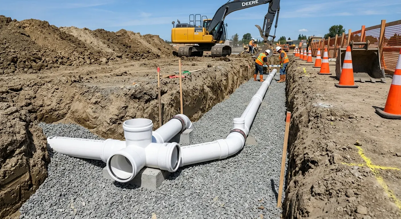 New PVC sewer pipe installation in open trench for Commercial Drain Cleaning in DeBary