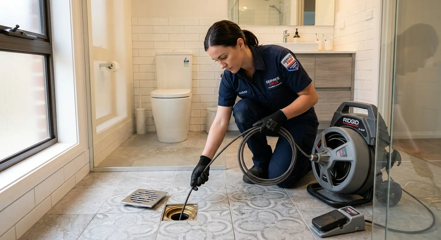 Technician clearing a bathroom floor drain for Hydro Jetting in DeBary